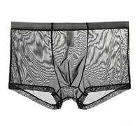 Herren Mesh Boxershorts Dünn Transparent Atmungsaktiv Netz Slip Shorts Niedriger Bund Unterwäsche für Alltag Sport Weiß Schwarz Hellblau Grau Saphir(L Black)