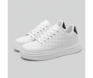 Herren Minimalistische einfarbige Sneaker mit zufälligem Prägedesign, höhenverstärkend, Schnürung, weiß, vielseitig, bequem, lässig, Paar-Walkingschuh