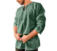 Herren Mittelalter Leinenhemd Hemden Langarm Retro-Kragen mit Schnürung, Männer Freizeithemd Casual Leinen Yoga Shirt Sommerhemd