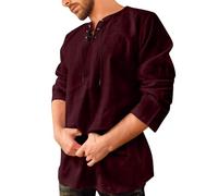 Herren Mittelalter Leinenhemd Hemden Langarm Retro-Kragen mit Schnürung, Männer Freizeithemd Casual Leinen Yoga Shirt Sommerhemd