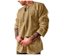 Herren Mittelalter Leinenhemd Hemden Langarm Retro-Kragen mit Schnürung, Männer Freizeithemd Casual Leinen Yoga Shirt Sommerhemd