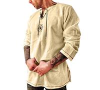 Herren Mittelalter Leinenhemd Hemden Langarm Retro-Kragen mit Schnürung, Männer Freizeithemd Casual Leinen Yoga Shirt Sommerhemd