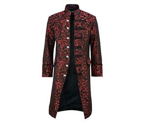 Herren Mittelalter Renaissance Retro Uniform Einfarbig Steampunk Gehrock Gothic Mode Stehkragen Mantel B-Red XXL