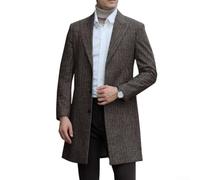 Herren mittellanger Trenchcoat aus Kunstwolle, Retro-Streifen, Business-Button-Down-Jacke mit Umlegekragen für Herbst und Winter, Freizeitkleidung, grauer Kaffee (XL Kaffee)