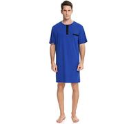 Herren Nachthemd Kurzarm Rundhals Schlafanzugoberteil Weich Baumwolle Sleepshirt mit Knopfleiste Lufitg Schlafanzug ohne Hosengummi Blau,S