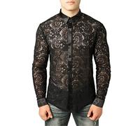 Herren Netzhemd durchsichtig Netzhemd Clubwear Hemden Slim Fit Langarm Sexy Spitzenhemd Männer Party Event Prom Transparent Chemise