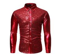 Herren Pailletten Hemd - Glitzer Langarm Kleid Shirt - 70er Disco Party Kostüm - Glänzend Slim Fit Satin Business Hemd für Nachtclub