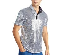Herren Pailletten Hemd Kurzarm -Glitzerhemd Polo Shirt Glitzer Hemd Slim Fit T-Shirt Karneval Kostüm Poloshirt T-Shirt 70er 80er Disco Faschings Party Kostüm Glitzer Outfit Männer