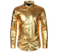 Herren Pailletten Hemd Silber Gold Mode Glitzer Shirt Slim Fit Glänzende Satin Oberteil Herren Freizeit Business Hemden Mode Clubwear 70er Jahre Disco-Stil Glitzerhemd Karneval Party