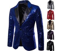 Herren Pailletten Sakko Gold Glitzer Blazer Slim Fit Hochzeit Mantel Langarm Mantel Anzug Herrenjacke Performance-Kostüm für Hochzeit und Party Formelle Kleidung für Herren (Blau, XXL)