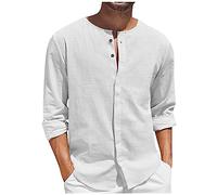 Herren Poloshirt Bauchfreie Tops Slim Fit T-Shirt Herren Langarm Einfarbig Baumwolle Leinen Hemd Mit Taste Rundhals Leichtes Freizeithemd Herbst Winter Cotton Leinenhemden Herren Shirt (Weiß, M)