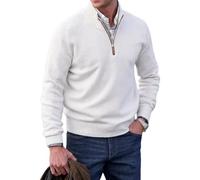 Herren-Pullover mit Reißverschluss, Basic-Pullover mit viertellangem Reißverschluss, schmale Passform, Leichter Rollkragenpullover mit Langen Ärmeln (Large,White)