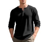 Herren Pullover Rundhals Henley Langarm Langarmshirt Leichter Shirt Regular Fit Casual-Style & Freizeit Waffel Sweatshirt Sommer Arbeits Tee T-Shirt Black M