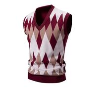 Herren-Pullover-Weste, V-Ausschnitt, ärmellos, Diamantmuster, Strickpullover, Tank-Tops, Winter, Slipover-Weste, schmale Passform, lässige Strickwaren für Herren, rot, 3XL