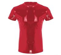 Herren PVC T-Shirt mit Wetlook Glänzendes Finish, Kurzarm Kunstleder Clubwear Top für Nachtclub Outfit, Reflektierendes Modehemd in Schwarz und Rot (3XL Rot)