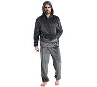 Herren Pyjama Lang Samt einfarbig Schlafanzug Langarm Pullover Warm Fleece Hoodie und Schlafhose Set, Pyjama Set Männer Winter Zweiteiliger Hausanzug Sleepwear Herren und Jungen M-XL