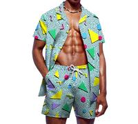 Herren Rave Outfits Hawaiihemden und Shorts Sets 2 Stück Retro 80er 90er Jahre Outfit, 80er 90er Jahre Memphis Graphics, L