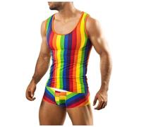 Herren Regenbogen Schlafanzug aus Baumwolle Farbe Gestreift Pyjama Zweiteiler Regenbogen Tanktop und Kurz Schlafhose Hausanzug Sportanzug Trainingsanzug Baggy Casual Set