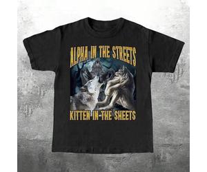 Herren Regular Fit T-Shirt mit witzigem Online Meme "Der Alpha auf der Straße, die Katze im Bett" Wolf Grafik