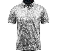 Herren Relaxed Short Sleeve Turndown Sparkles Pailletten Polos Shirts 70er Jahre Disco Nachtclub Party T-Shirts Hemd Überlänge Herren