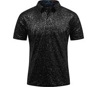 Herren Relaxed Short Sleeve Turndown Sparkles Pailletten Polos Shirts 70er Jahre Disco Nachtclub Party T-Shirts Hemd Überlänge Herren