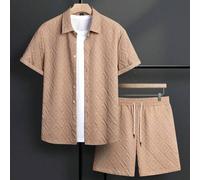 Herren Resort-Lässig-Set mit einem inspirierten geometrischen diamantgemusterten Jacquard in Braun, bestehend aus einem Kurzarmhemd und Shorts mit Kno