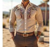 Herren Retro-Hemd mit Blumenmuster und langen Ärmeln, Reverskragen, Stretch-Stoff, lässiger Outdoor- und Street-Style-Hemd (XL Khaki)