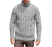 Herren Rollkragenpullover aus Baumwolle mit Zopfmuster, Grobstrick, hoher Rollkragenpullover, schmale Passform, Winter-Rollkragenpullover, langärmelig, schmale Passform, Strickpullover, grau, XL