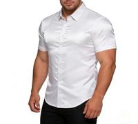 Herren-Satin-Kleid-Hemd, kurzärmelig, seidiges Gefühl, einfarbig, Umlegekragen, Business, Freizeit, Oberteil für Hochzeit, Party, Abschlussball, Büro, Schwarz (XL Weiß)