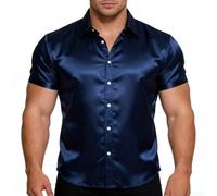 Herren-Satin-Kleid-Hemd, kurzärmelig, seidiges Gefühl, einfarbig, Umlegekragen, Business, Freizeit, Oberteil für Hochzeit, Party, Abschlussball, Büro, Schwarz (2XL Dunkelblau)