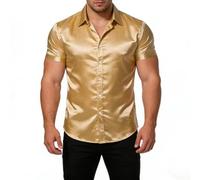 Herren-Satin-Kleid-Hemd, kurzärmelig, seidiges Gefühl, einfarbig, Umlegekragen, Business, Freizeit, Oberteil für Hochzeit, Party, Abschlussball, Büro, Schwarz (M Gelb)