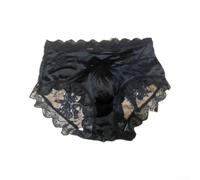 Herren Satin Slips mit Spitze, 3D Beutel, nahtlos aus kühler Eis-Seide | 80% Nylon 20% Spandex, Breathable Quick-dry, Seamless Mid-waist, Floral Embroidery, Sizes L-XL