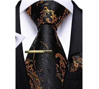 Herren Schwarz & Gold Jacquard Krawattenset - beinhaltet Einstecktuch, Manschettenknöpfe und goldene Krawattennadel, formelle Krawatte geeignet für Fe