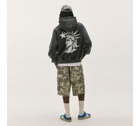 Herren Schwarzer Gewaschener Vintage Y2K Streetwear Kurz Pullover Hoodie, Flammenärmel Muster & Freigeist Porträt Grafik Langarm Sweatshirt, Lässig Au