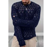 Herren schwarzer Pullover mit Lochstrick, Langarm, Spitzenmuster, Rundhalsausschnitt, weicher atmungsaktiver Stoff, modischer Lässig-Look für Alltag,