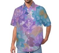 Herren Seerosenblätter 3D-Druck Sommer Kurzarm Button Down Hawaii-Hemden, Aquarellblüten Gedruckt Button Down Sommer Strand Shirts, Ideal für Urlaub, Festival
