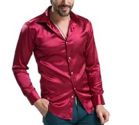 Herren Seidenhemden dehnbar solide langärmelig faltenfreies Hemd Normale Passform Abschlussball Hochzeit luxuriöse glänzende seidenähnliche Satin Langarmhemden für Party Disco glänzendes Oberteil