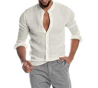 Herren Shirt Frühling Sommer Einfarbig Herren Leinenhemd Stehkragen Komfortabel Einfachheit Herren Freizeithemden Urban Business Casual Herren Tops A-White XL
