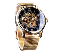 Herren Skelett Uhr Steampunk Uhr Schwarz Mechanische Uhr für Männer Minimalistisches Retro Design Mechanische Skelett Armbanduhr Transparent Business Mesh Band Uhr, goldfarben, Mechanisch.