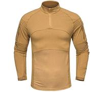 Herren Slim Fit Taktisch Combat Shirt Langarm Outdoor Camouflage Baumwollhemd Paintball Airsoft Army T-Shirt mit 1/4 Reißverschluss Militär Uniform Khaki XXL