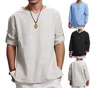 Herren Sommer T-Shirt Baumwolle Leinen Hippie Shirts V-Ausschnitt Strand Yoga T Bluse Baggy Einfarbig Kurzarm Tops Henley 3/4 Ärmellänge Regular Fit Kragenloses Shirt