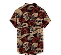 Herren Sommerhemd Retro Rose Blume Totenkopf Bedruckte Bluse Revers Button-Down Kurzarm T-Shirts Gothic Skelett bedrucktes Hemd Urlaubsparty Strandhemden