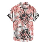 Herren Sommerhemd Retro Rose Blume Totenkopf Bedruckte Bluse Revers Button-Down Kurzarm T-Shirts Gothic Skelett bedrucktes Hemd Urlaubsparty Strandhemden
