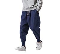Herren Sommerhose Baggy Haremshose Japanische Einfarbig Freizeithose Baumwolle und Leinen Loose Fit Kordelzug Hose Casual Home Hose Leichte Atmungsaktive Jogging Sweatpants, navy, L