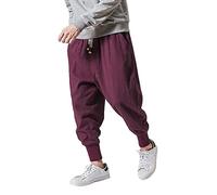 Herren Sommerhose, Baggy Haremshose, Japanische Einfarbige Freizeithose, Baumwolle und Leinen Loose Fit Zughose, Lässige Haushose, Leichte Atmungsaktive Jogging Sweathose, rot, L