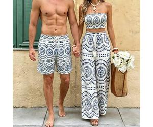 Herren-Strandshorts mit geometrischem Muster, Kordelzug-Bund, lässig, Sommer, Boho, Urlaub, Hawaii, tropisch, Badehose für Paar-Dates