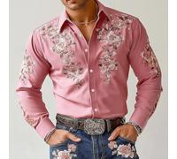 Herren Street-Style Retro Floral Hemd mit langen Ärmeln und Reverskragen, Stretch-Material für Freizeitkleidung im Freien (M Pink)