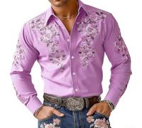 Herren Street Style Retro Floral Hemd mit langen Ärmeln und Reverskragen Stretchmaterial für Freizeit Outdoor (Lila)