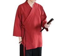 Herren-Strickjacke aus Leinen im chinesischen Stil, lockere Kimono-Jacke, einfarbig, selbstbindend, Hanfu traditionelle Kleidung - Rot - Large
