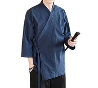 Herren-Strickjacke im chinesischen Stil, aus Leinen, lockere Kimono-Jacke, einfarbig, selbstbindend, traditionelle Hanfu-Kleidung, Marineblau, Large